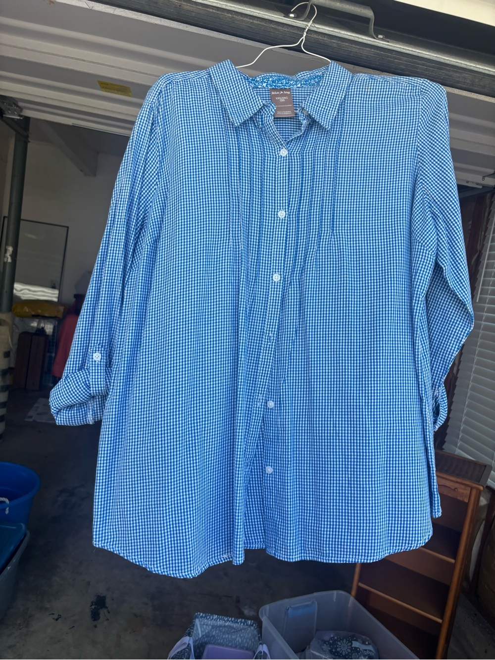 blue checkered button down blouse